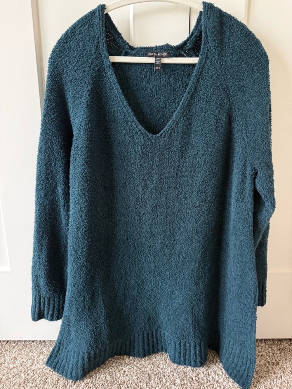 Eileen Fisher Deep Teal V-Neck Bouclé Knit Sweater